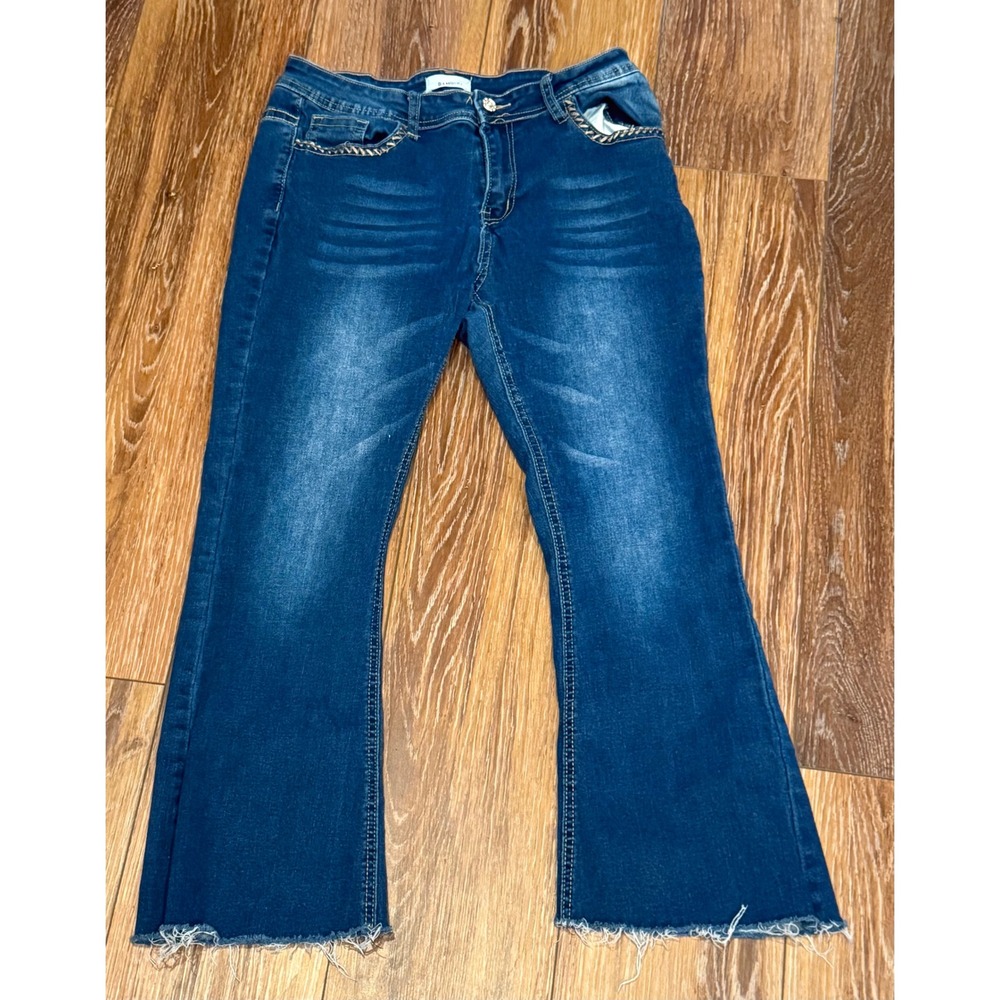 Bamboo Junior Flare Jeans Dark Wash Raw Hem Braided Pocket Detail Size 13. EUC